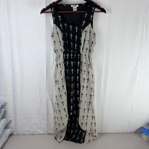 Dizzire Dress‎ Womens Small Black Beige Sleeveless Maxi Tank Cross Print Grunge